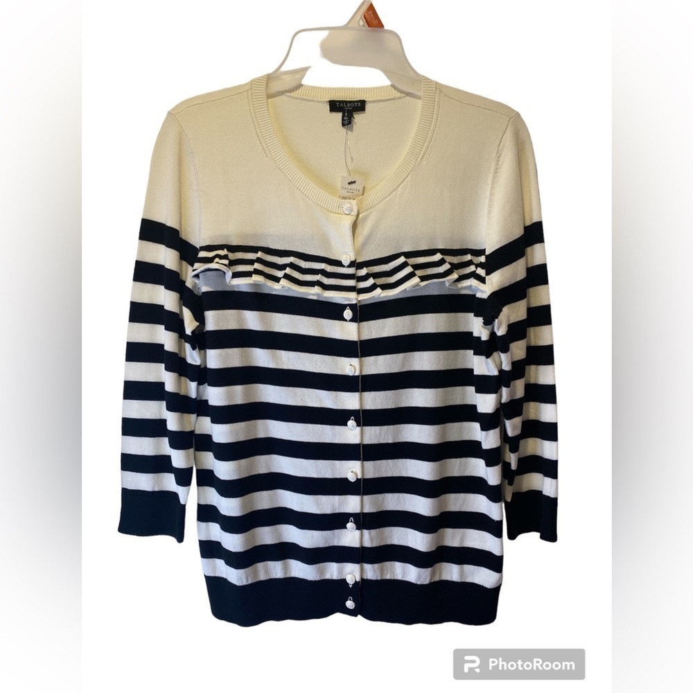 Talbots Black White Striped Button Up Cardigan Sweater size Mp